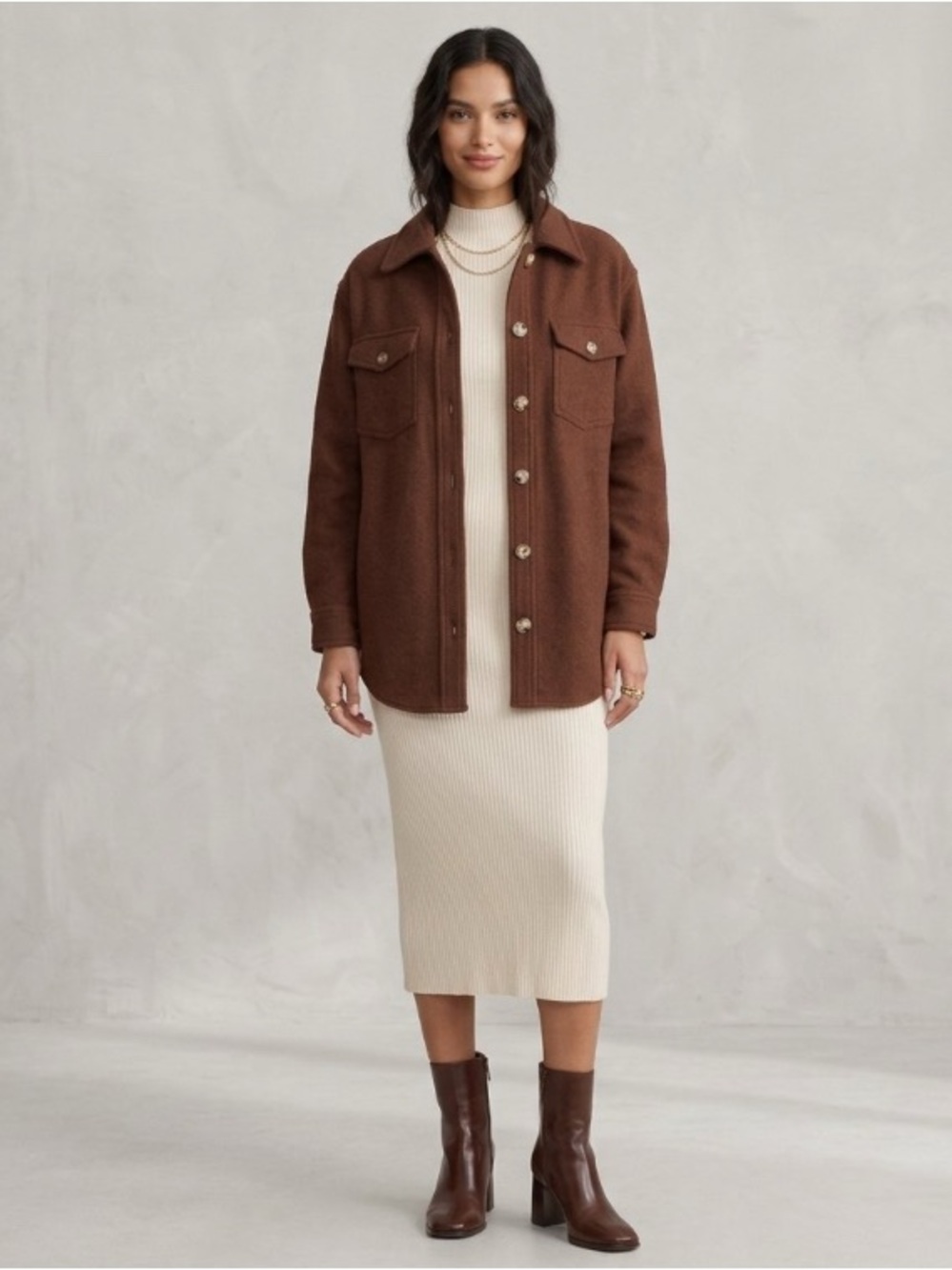 Aritzia Wilfred Boiled Merino Wool Shirt Jacket Shacket Brown Sz S Oversized